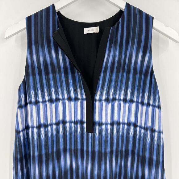 Vince 100% Silk Blue Black Tie Die Layered Shift Dress Split Neckline Size XS - Picture 3 of 9